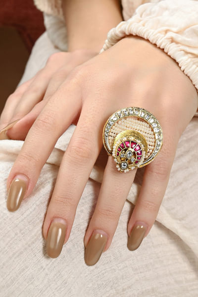 Red and white ruby and kundan polki ring