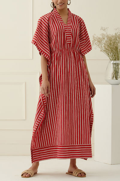 Red and white stripe printed kaftan