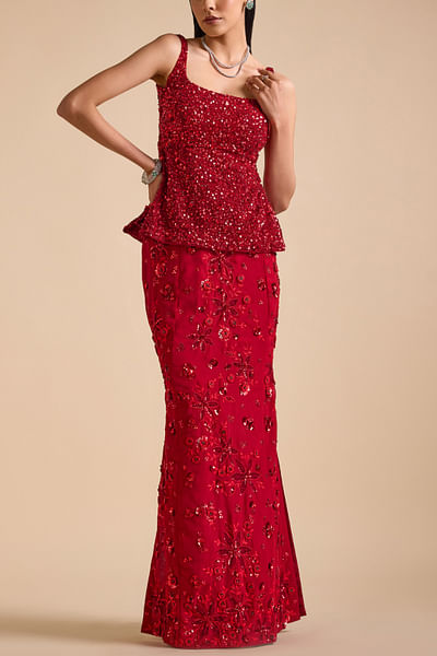 Red applique and sequin embroidered skirt set