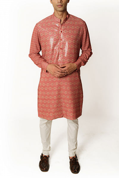 Red artisanal print sequinned kurta set