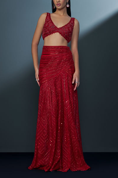 Red aztec embellished slit skirt set