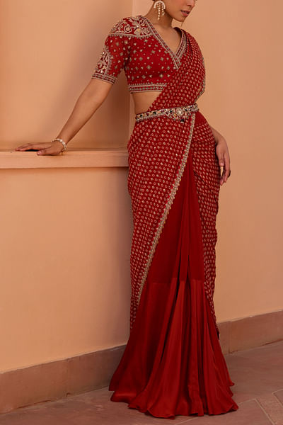 Red bandhani printed pre-draped sari set