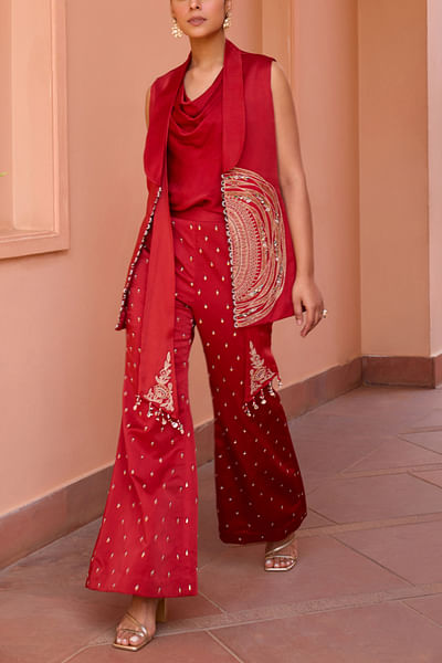 Red bead and gota embroidered jacket set