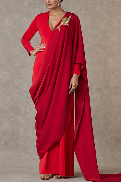 Red bird embroidered sari gown