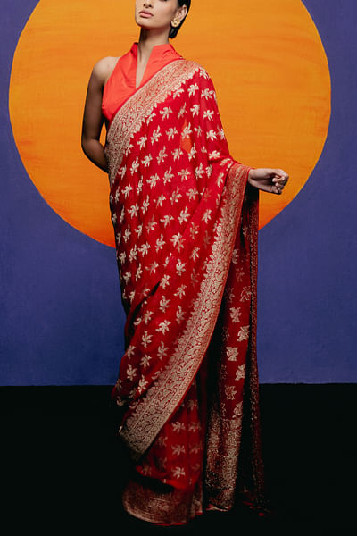 Red bird woven banarasi sari set