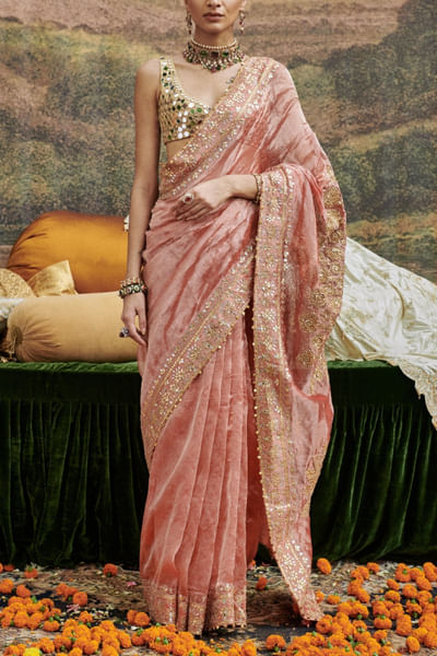 Red chanderi silk sari set