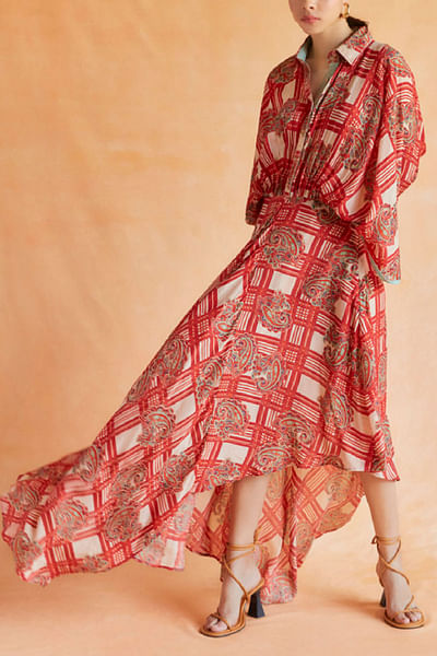 Red check and paisley print asymmetrical dress