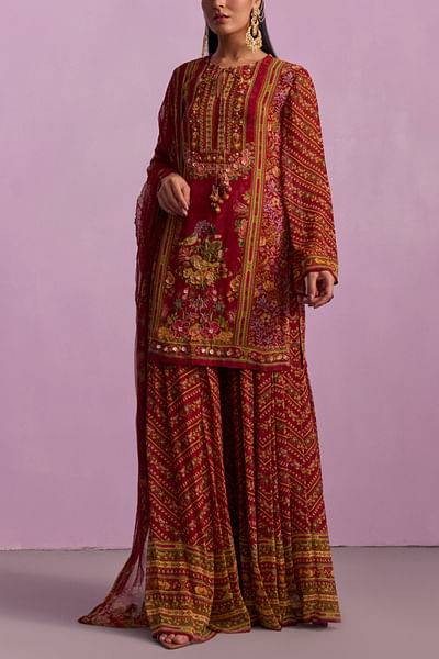 Red chevron and floral printed sharara set