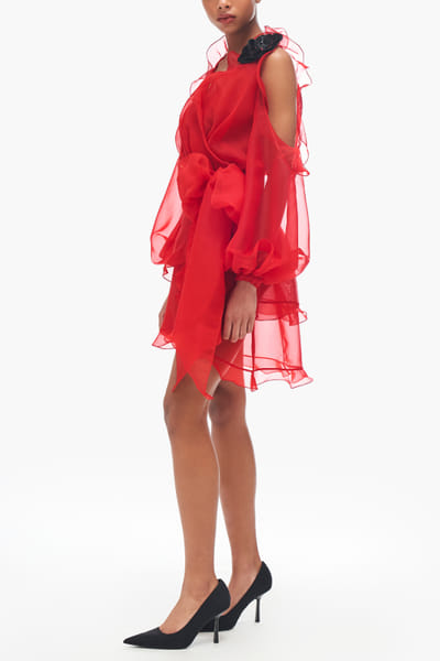 Gauri and Nainika Red chiffon cold shoulder mini dress GAUJAN25D13193
