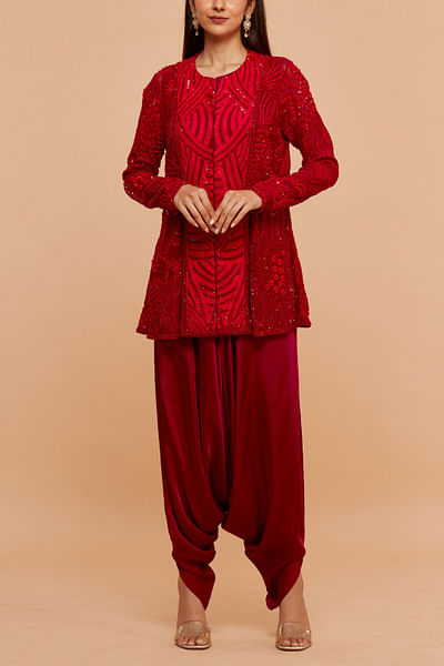 Red coral embroidered kurta set