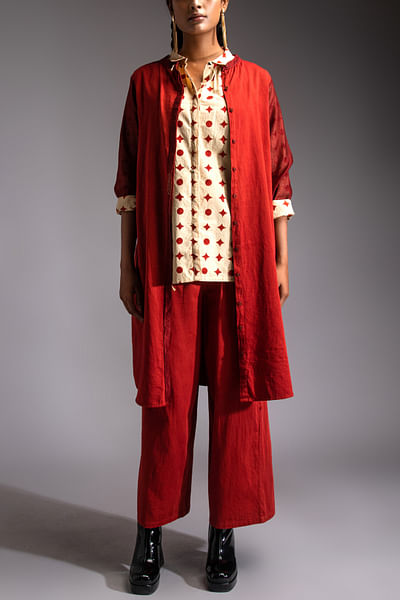 Red cotton satin shirt overlay set