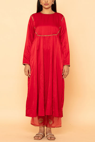 Red cotton silk kurta set
