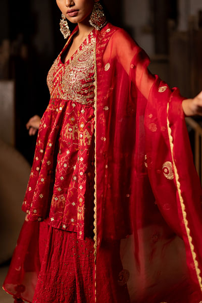 Red crescent moon aari embroidered dupatta