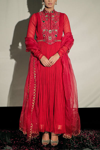 Red crystal and mirror embroidery anarkali set