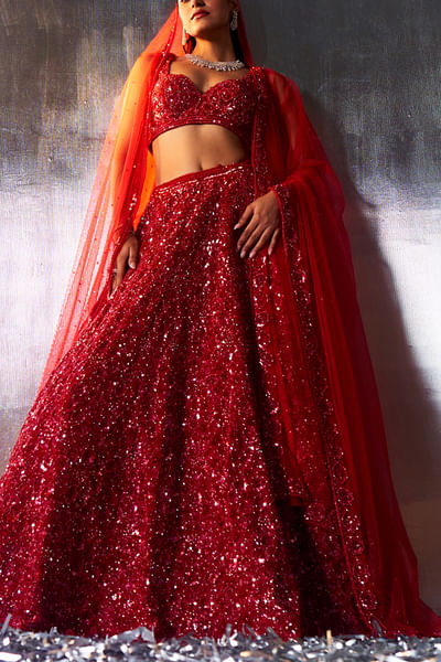 Red crystal embroidered lehenga set