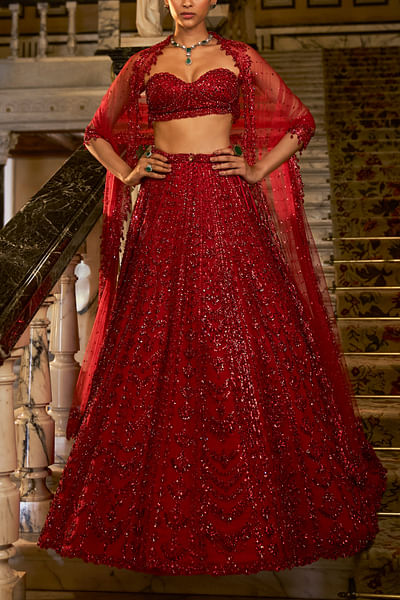Red crystal embroidered lehenga set