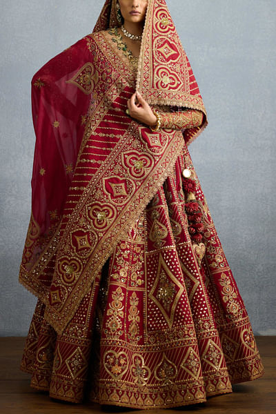 Red cubic embroidered lehenga set
