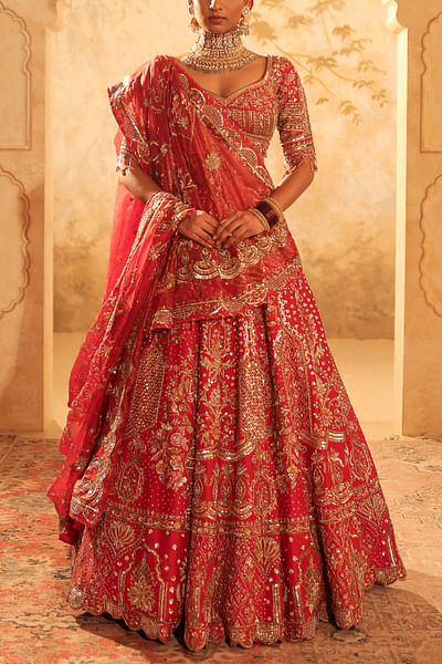 Red dabka embroidered lehenga set