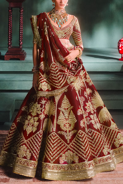 Red dabka embroidered lehenga set
