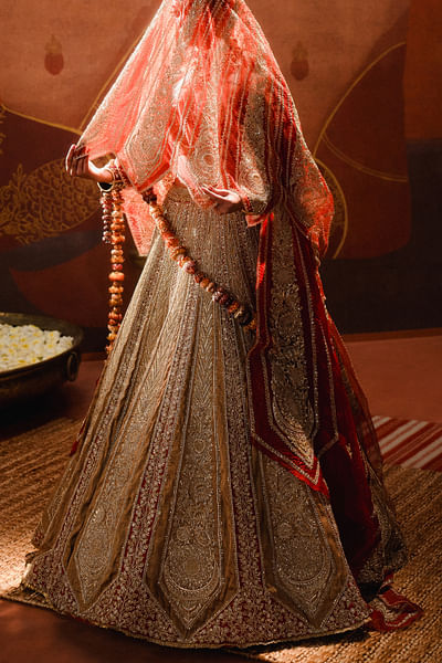 Red dabka embroidery lehenga set