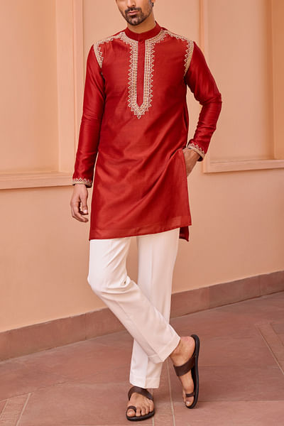 Red dori and marodi embroidered kurta set