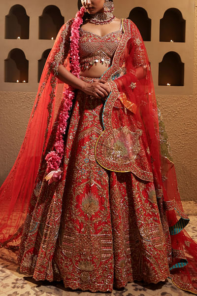 Red dori embroidered lehenga set
