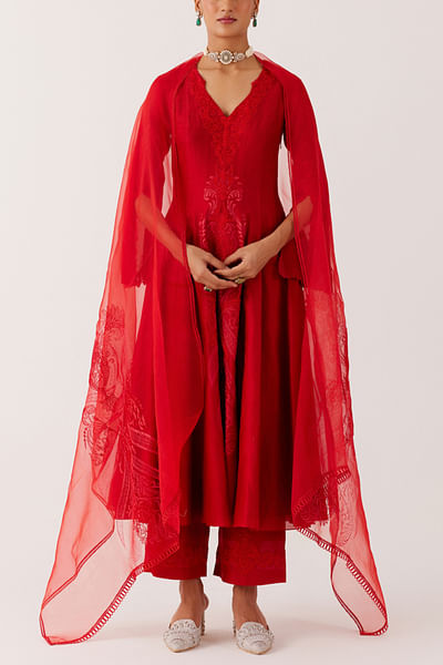 Red dori embroidered printed anarkali set