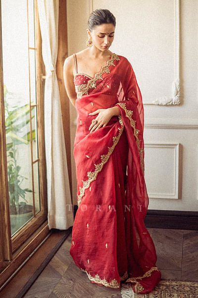 Red dori embroidered sari set