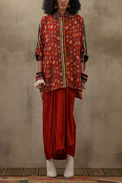 Red draped skirt set