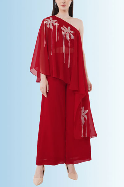 Red embelished asymmetrical co-ords