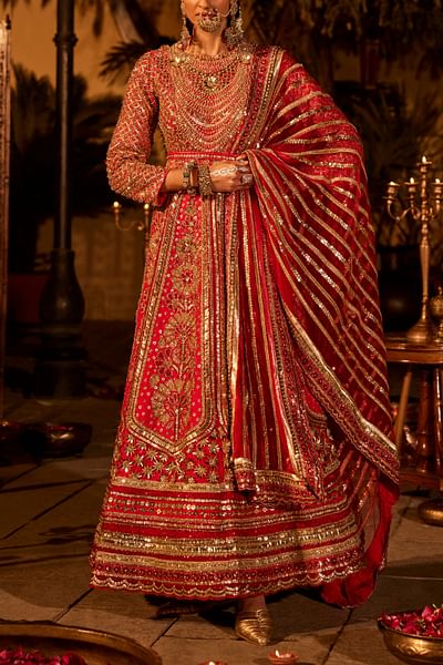 Red embellished anarkali set
