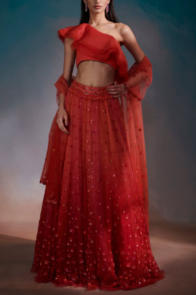 Red embellished lehenga set