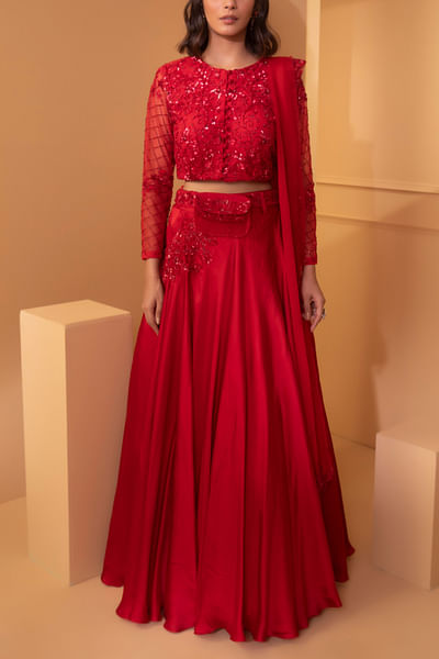 Red embellished lehenga set