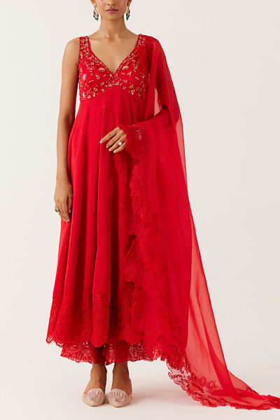 Red embroidered anarkali set