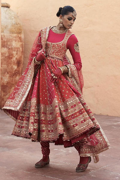 Red embroidered anarkali set