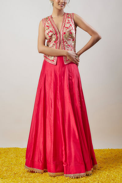 Red embroidered blouse and lehenga