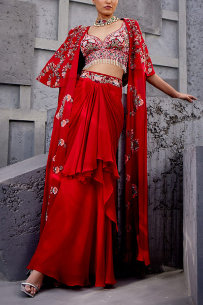 Miku Kumar Red embroidered cape and skirt set MKUJAN24D229