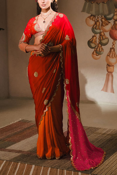Red embroidered colour blocked sari set