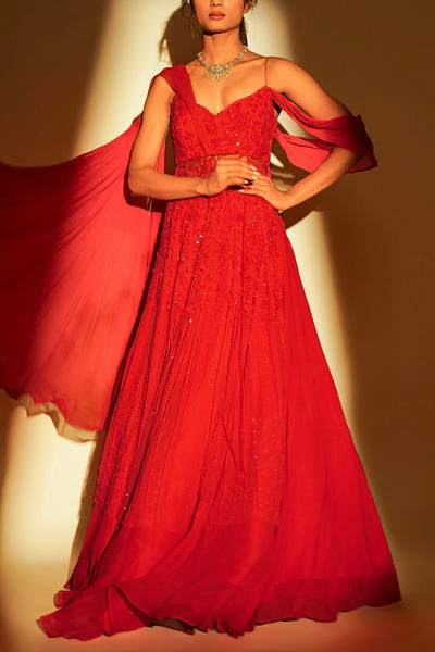 Red embroidered draped anarkali lehenga set