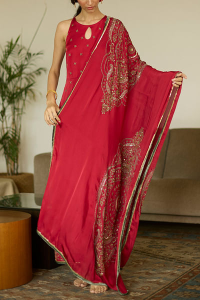 Red embroidered dupatta