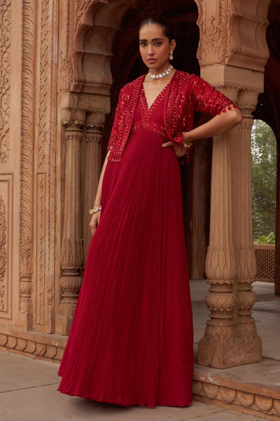 Red embroidered jacket anarkali set