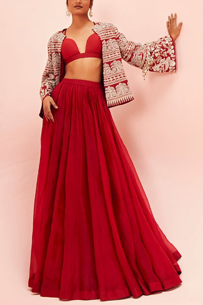 Red embroidered jacket and lehenga set