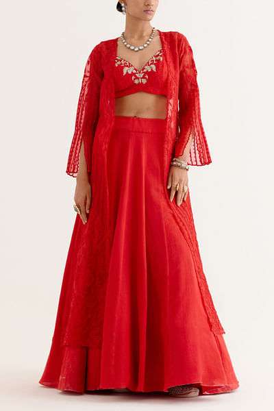 Red embroidered jacket and lehenga set