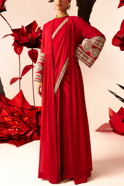 Red embroidered jacket and sari set