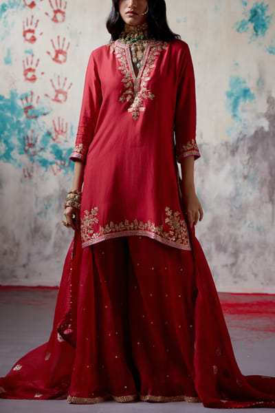 Red embroidered kurta sharara set