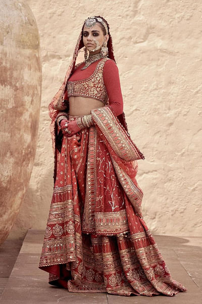 Red embroidered lehenga set