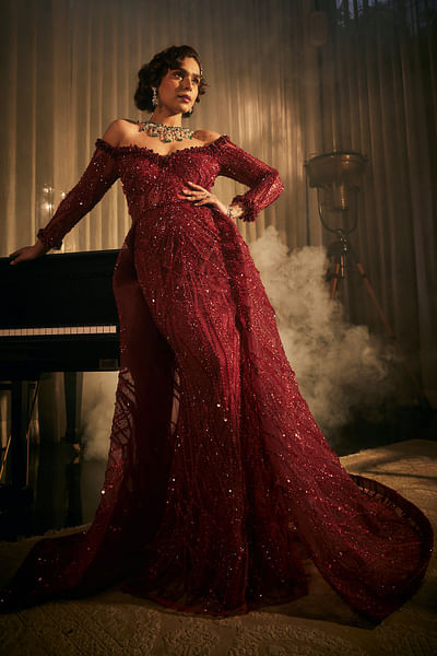 Red embroidered off-shoulder gown