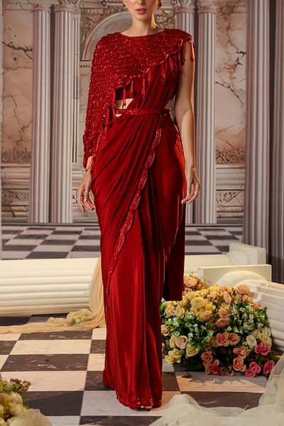 Red embroidered pre-draped sari set