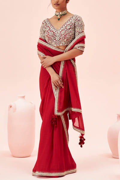 Red embroidered sari set