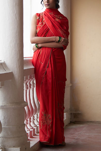 Red embroidered sari set
